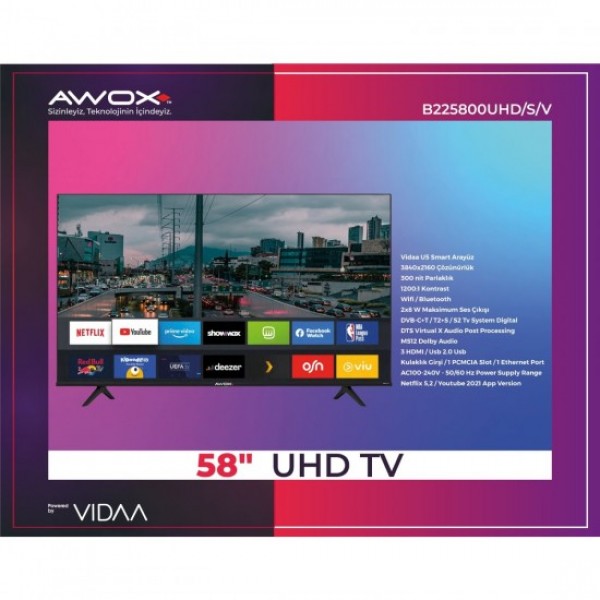 Awox B225800 4K Ultra HD 58" 147 Ekran Uydu Alıcılı Smart LED TV