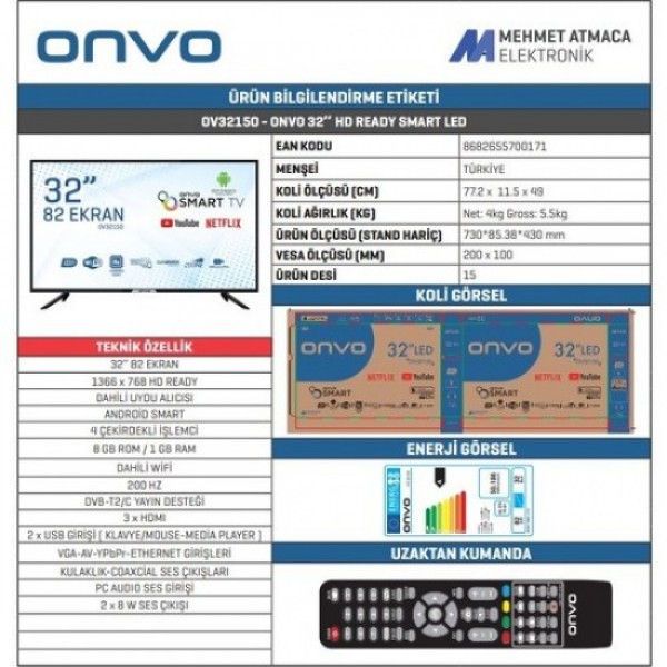 Onvo OV32150 32'' 82 Ekran Uydu Alıcılı HD Android Smart LED TV