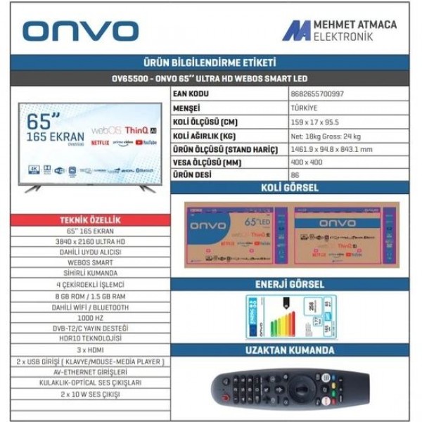 Onvo OV65500 65" 165 Ekran Uydu Alıcılı 4K Ultra HD webOS Smart LED TV