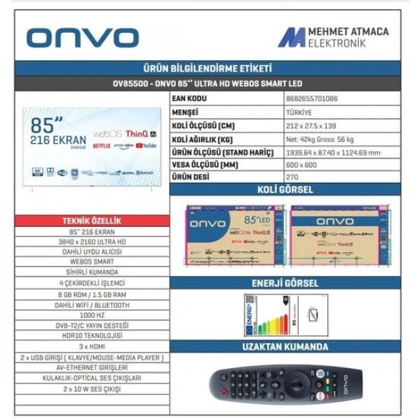 Onvo OV85500 85" 216 Ekran Uydu Alıcılı 4K Ultra HD webOS Smart LED TV